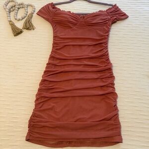 Windsor Ruched Off-Shoulder Bodycon Dress – Dusty Rose – Size M
